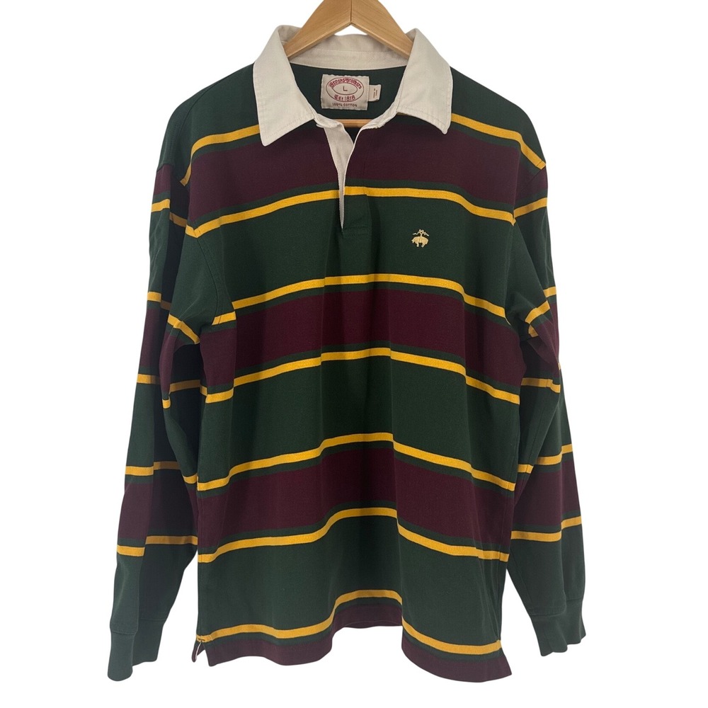Brooks Brothers Rugby Shirt Mens L Green Burgundy Striped Long Sleeve Polo